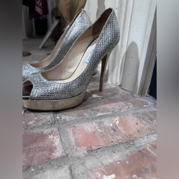 Jimmy Choo Glitter Platform Heels Size 38 EU /8 US Gold Silver Sparkle Stilettos - Picture 3 of 16